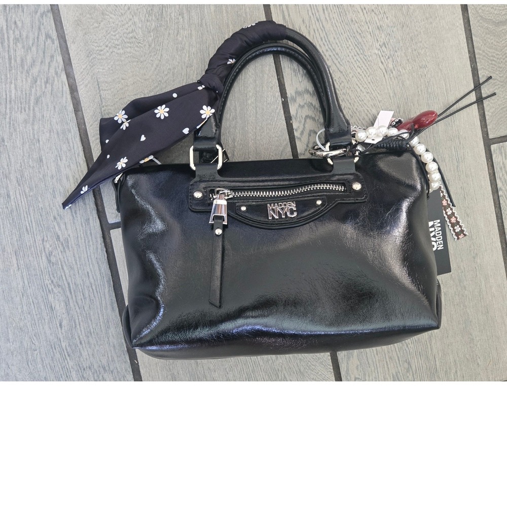 Madden NYC Black Small Top Handle Satchel Bag with Charms and Scarf MNY-8633MS